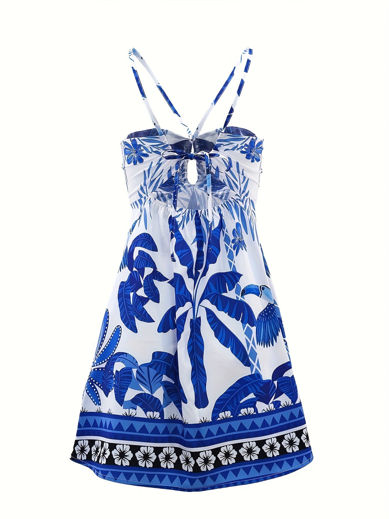 Women's Off-Shoulder Tropical Print Dress – Blue & White with Gold Accents, Elegant Summer Vacation Outfit