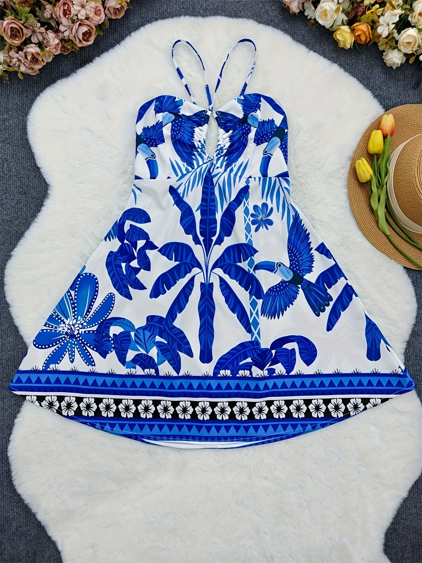 Women's Off-Shoulder Tropical Print Dress – Blue & White with Gold Accents, Elegant Summer Vacation Outfit