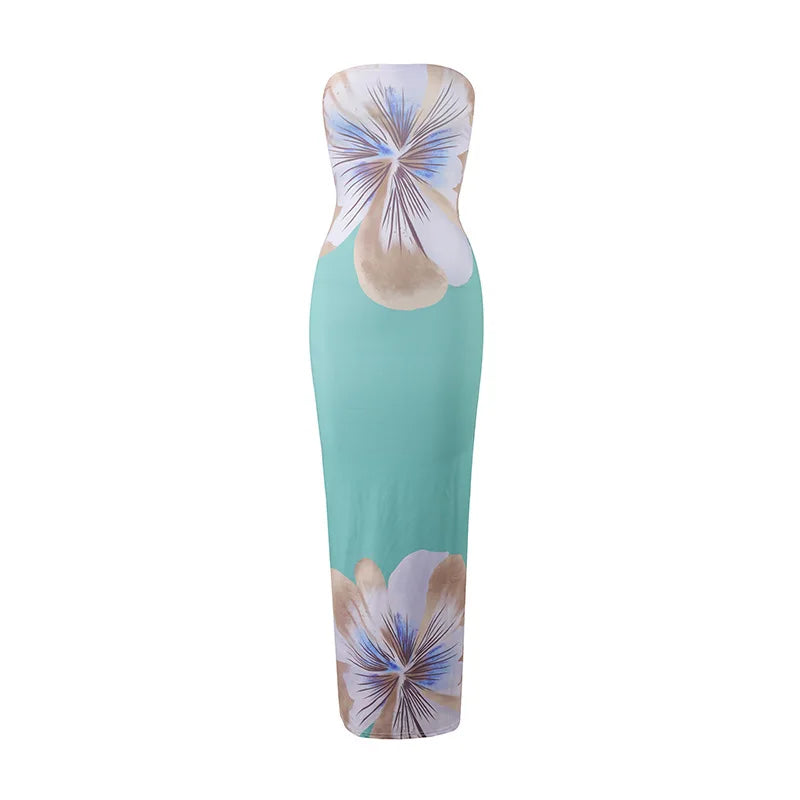Women's Strapless Floral Print Long Dress – Summer Party & Evening Slim Fit with Elastic High Waist