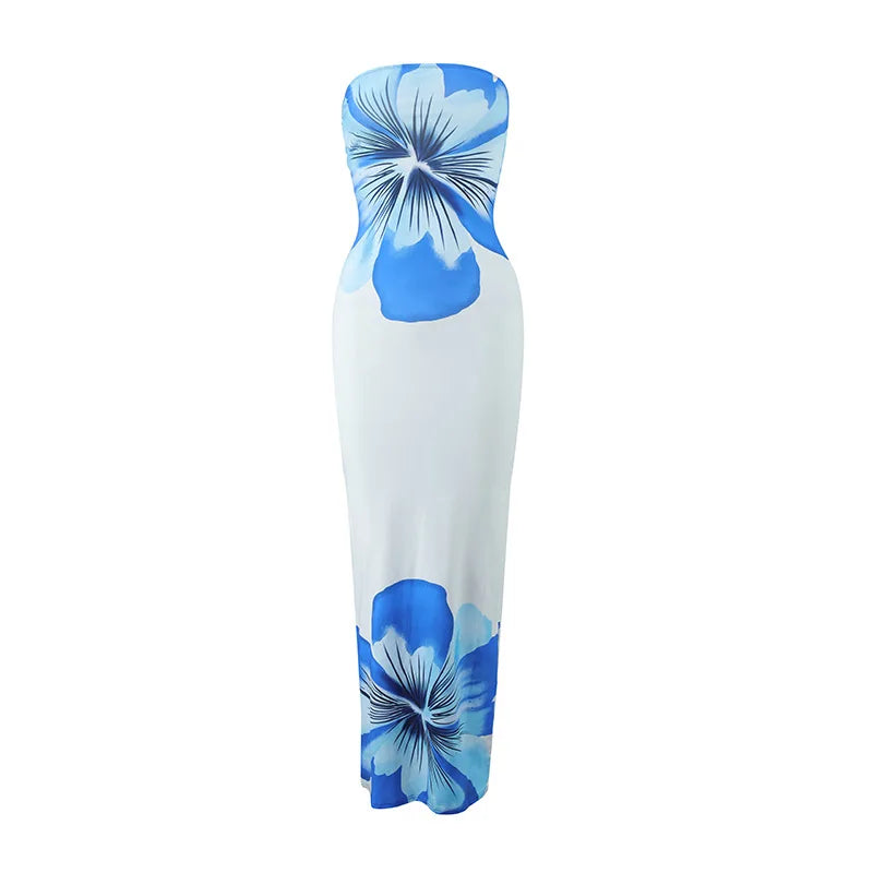 Women's Strapless Floral Print Long Dress – Summer Party & Evening Slim Fit with Elastic High Waist