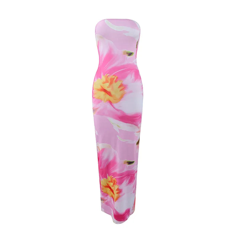 Women's Strapless Floral Print Long Dress – Summer Party & Evening Slim Fit with Elastic High Waist