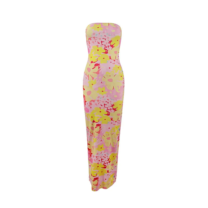 Women's Strapless Floral Print Long Dress – Summer Party & Evening Slim Fit with Elastic High Waist