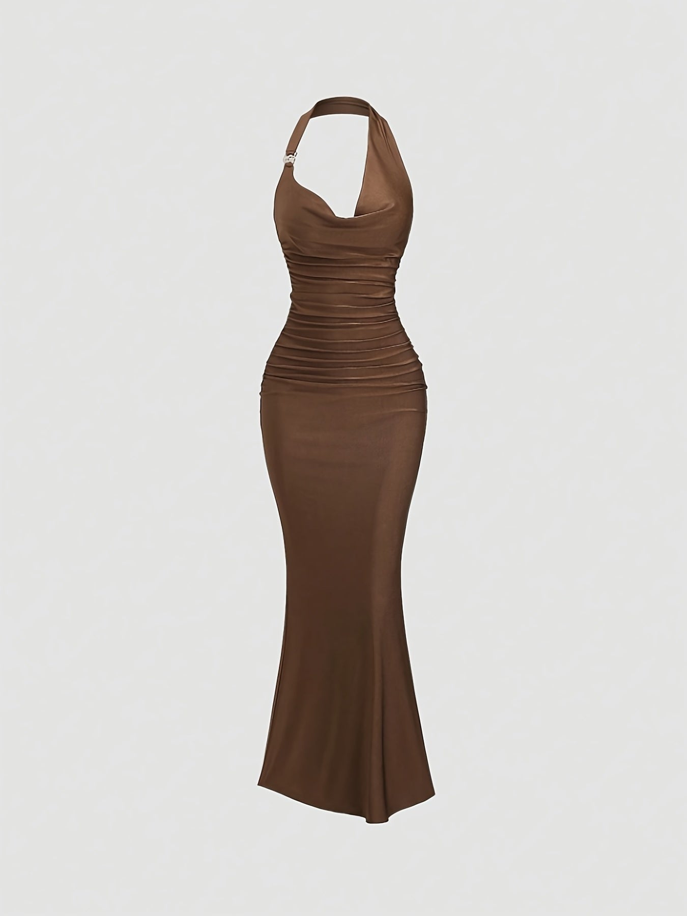 Women's Brown Halter Neck Sleeveless Mermaid Dress – Bodysuit Style with Metallic Buckle Detail for Formal Events & Parties