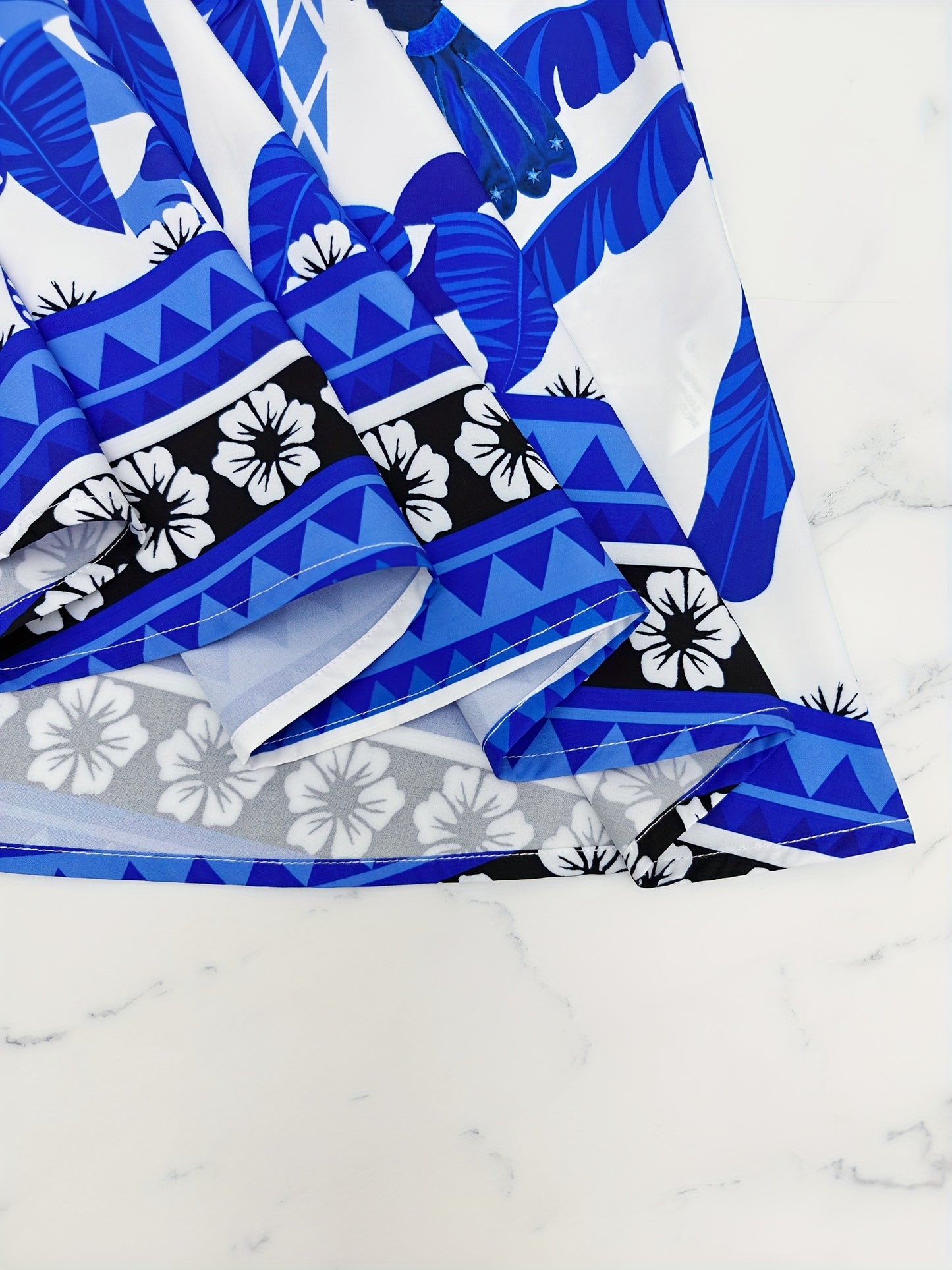 Women's Off-Shoulder Tropical Print Dress – Blue & White with Gold Accents, Elegant Summer Vacation Outfit