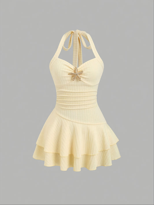 Women's Halter Neck Beach Party Dress – Metallic Accent, Layered Ruffle Hem, Lightweight A-Line Mini