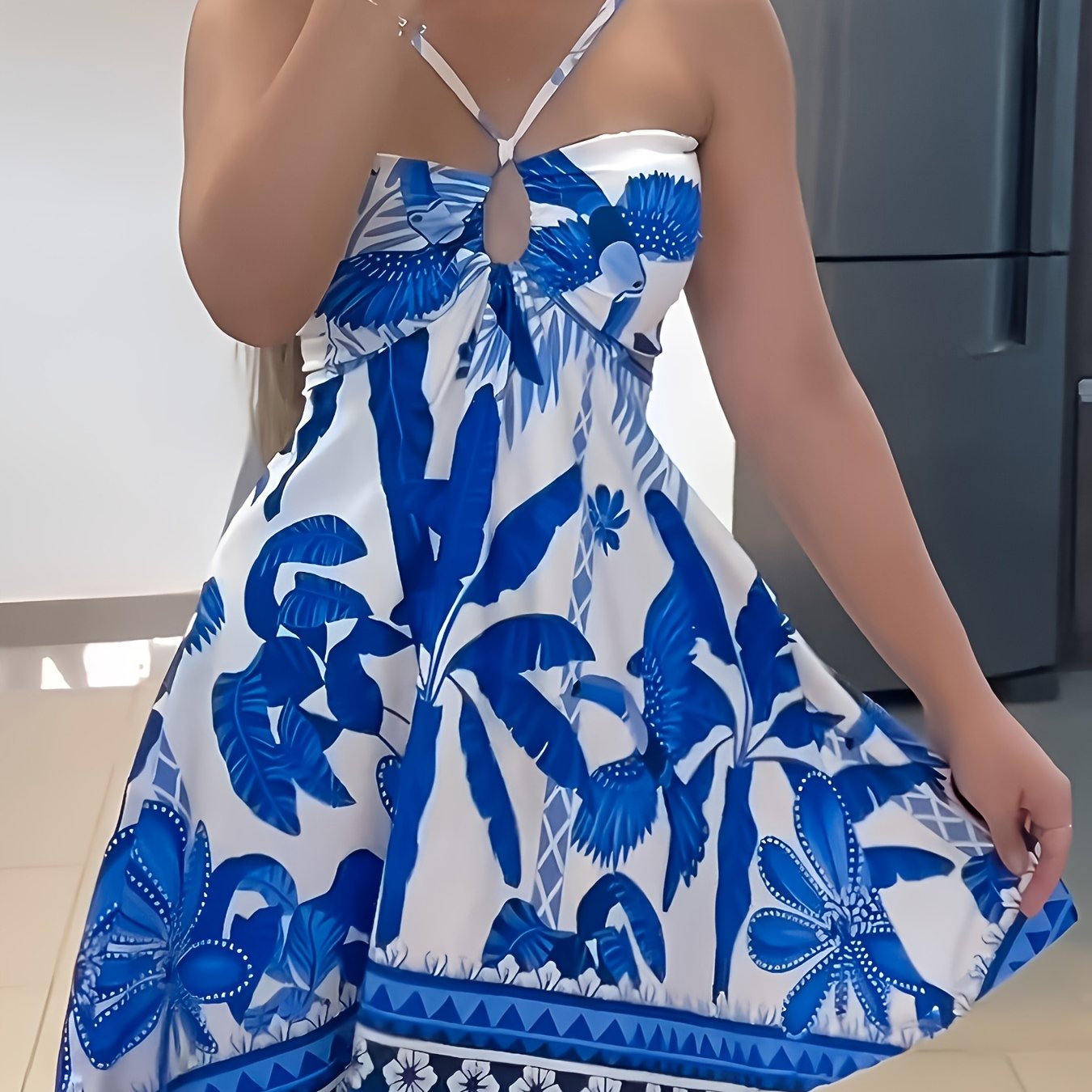 Women's Off-Shoulder Tropical Print Dress – Blue & White with Gold Accents, Elegant Summer Vacation Outfit
