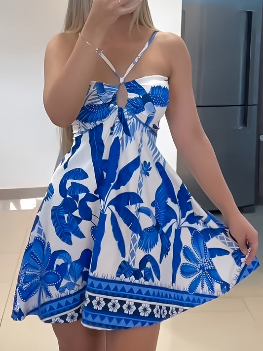 Women's Off-Shoulder Tropical Print Dress – Blue & White with Gold Accents, Elegant Summer Vacation Outfit