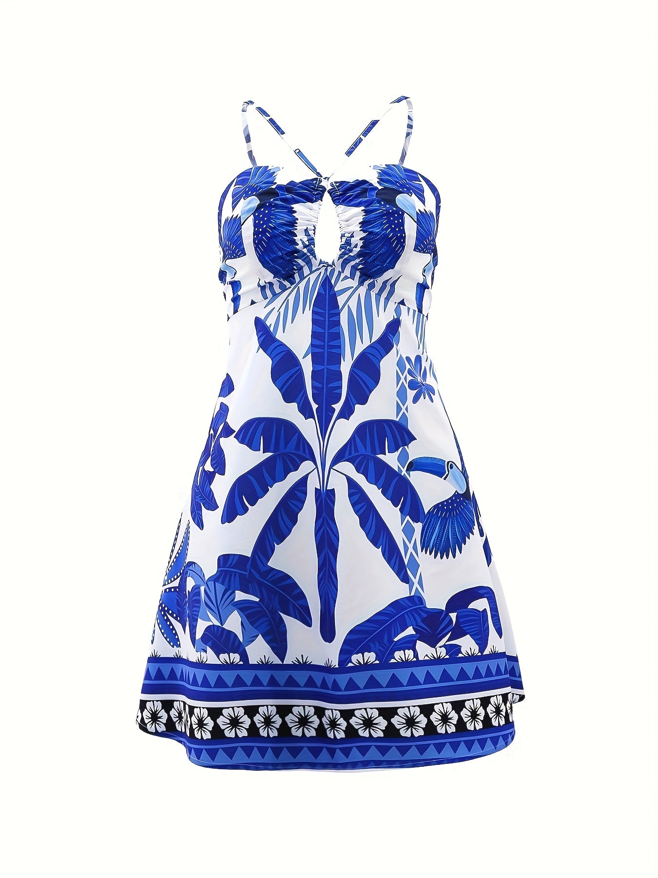 Women's Off-Shoulder Tropical Print Dress – Blue & White with Gold Accents, Elegant Summer Vacation Outfit