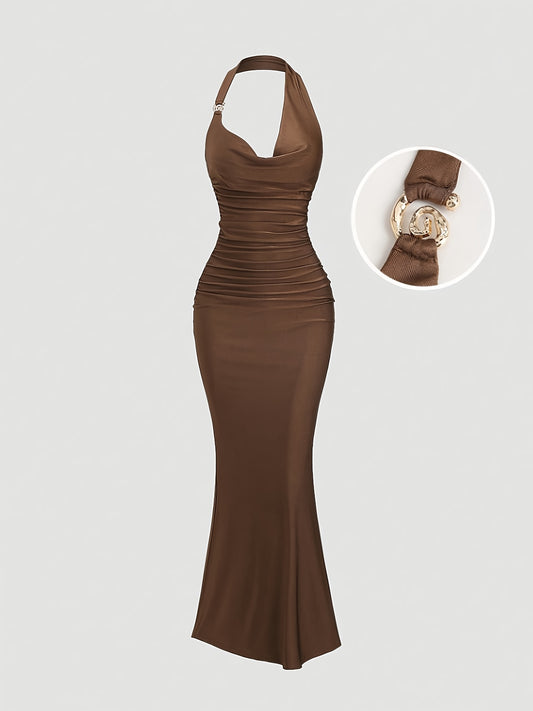 Women's Brown Halter Neck Sleeveless Mermaid Dress – Bodysuit Style with Metallic Buckle Detail for Formal Events & Parties