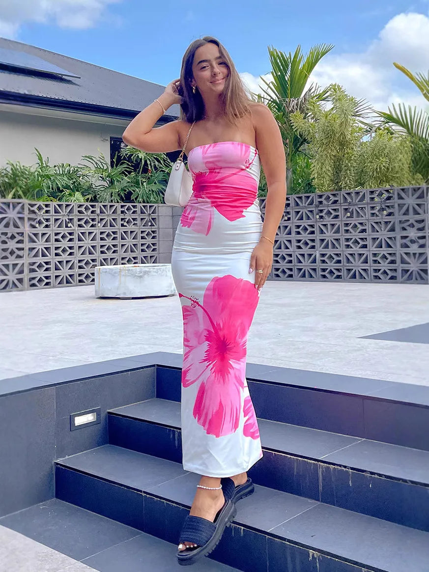 Women's Strapless Floral Print Long Dress – Summer Party & Evening Slim Fit with Elastic High Waist
