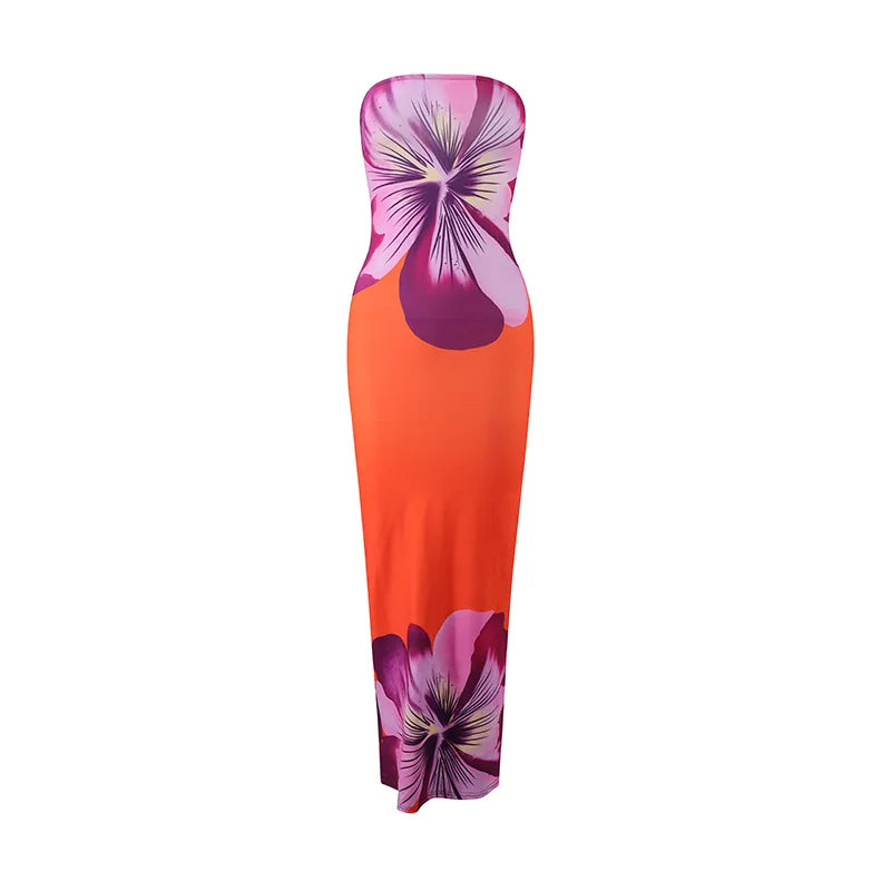 Women's Strapless Floral Print Long Dress – Summer Party & Evening Slim Fit with Elastic High Waist