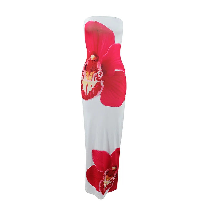 Women's Strapless Floral Print Long Dress – Summer Party & Evening Slim Fit with Elastic High Waist