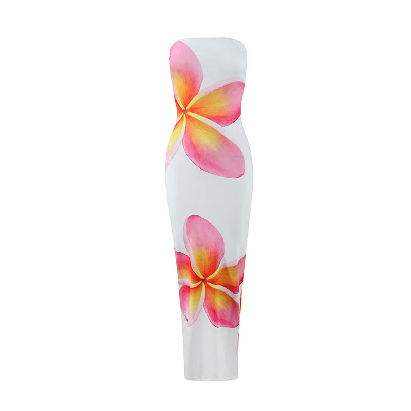 Women's Strapless Floral Print Long Dress – Summer Party & Evening Slim Fit with Elastic High Waist