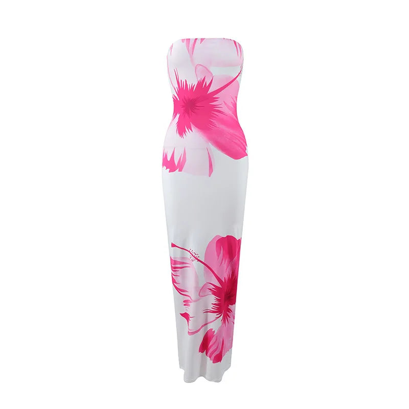 Women's Strapless Floral Print Long Dress – Summer Party & Evening Slim Fit with Elastic High Waist