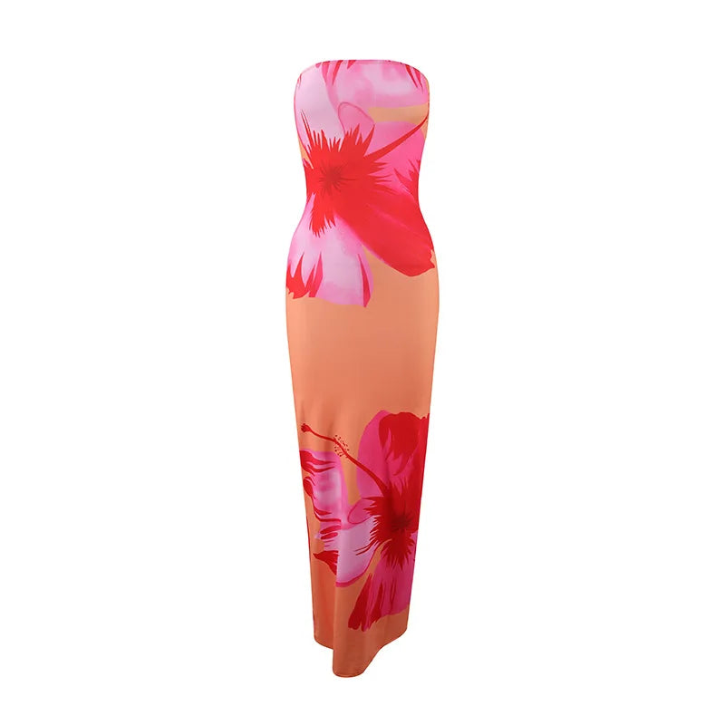 Women's Strapless Floral Print Long Dress – Summer Party & Evening Slim Fit with Elastic High Waist