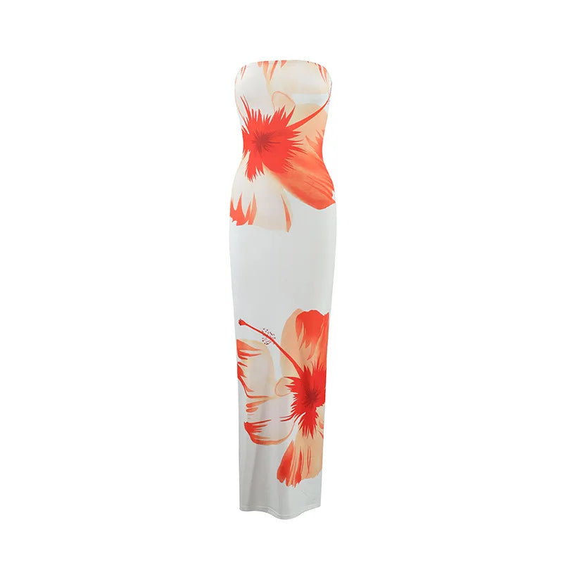 Women's Strapless Floral Print Long Dress – Summer Party & Evening Slim Fit with Elastic High Waist
