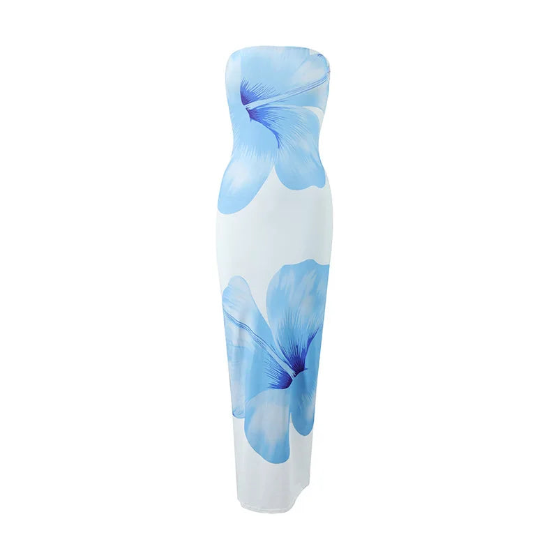 Women's Strapless Floral Print Long Dress – Summer Party & Evening Slim Fit with Elastic High Waist