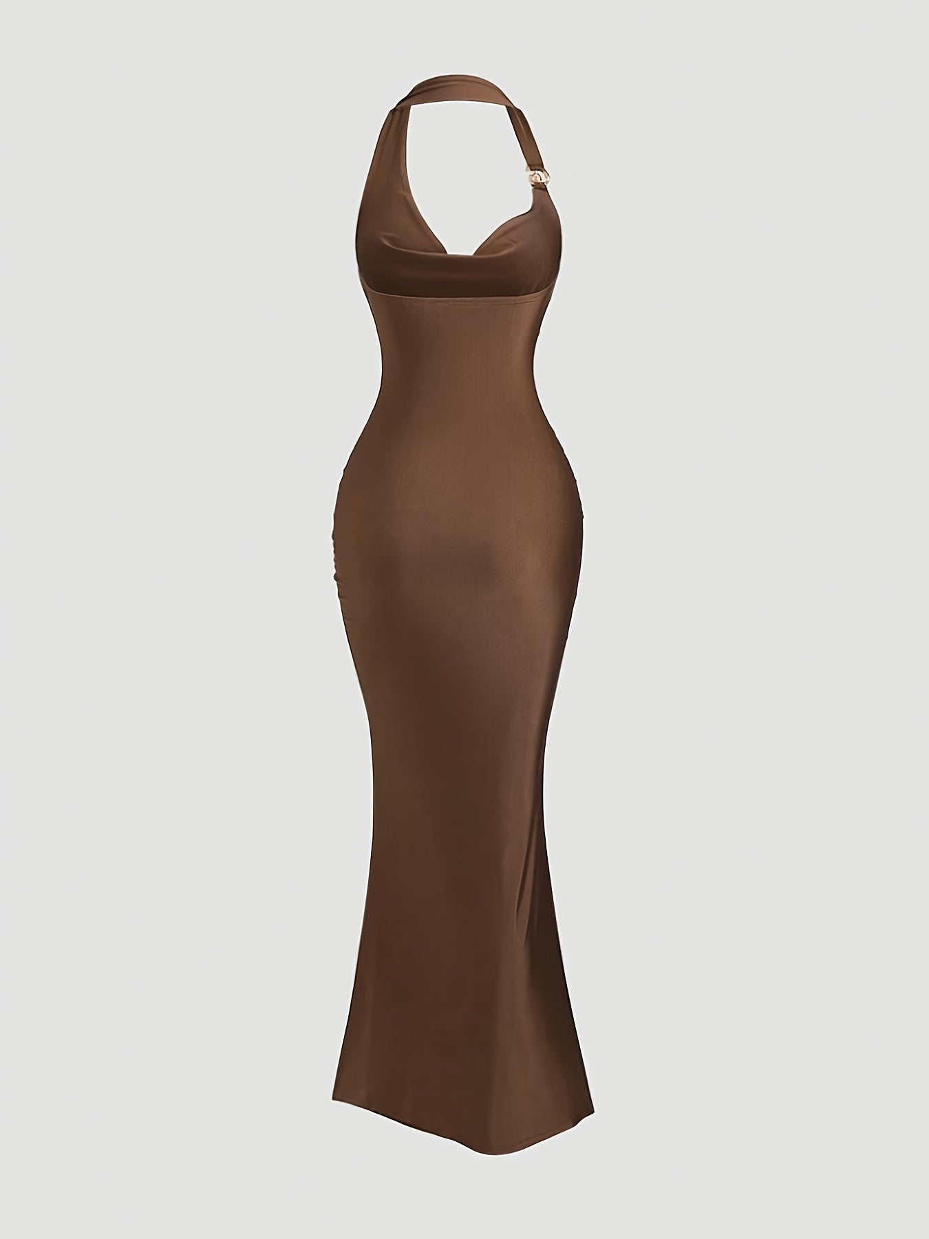 Women's Brown Halter Neck Sleeveless Mermaid Dress – Bodysuit Style with Metallic Buckle Detail for Formal Events & Parties